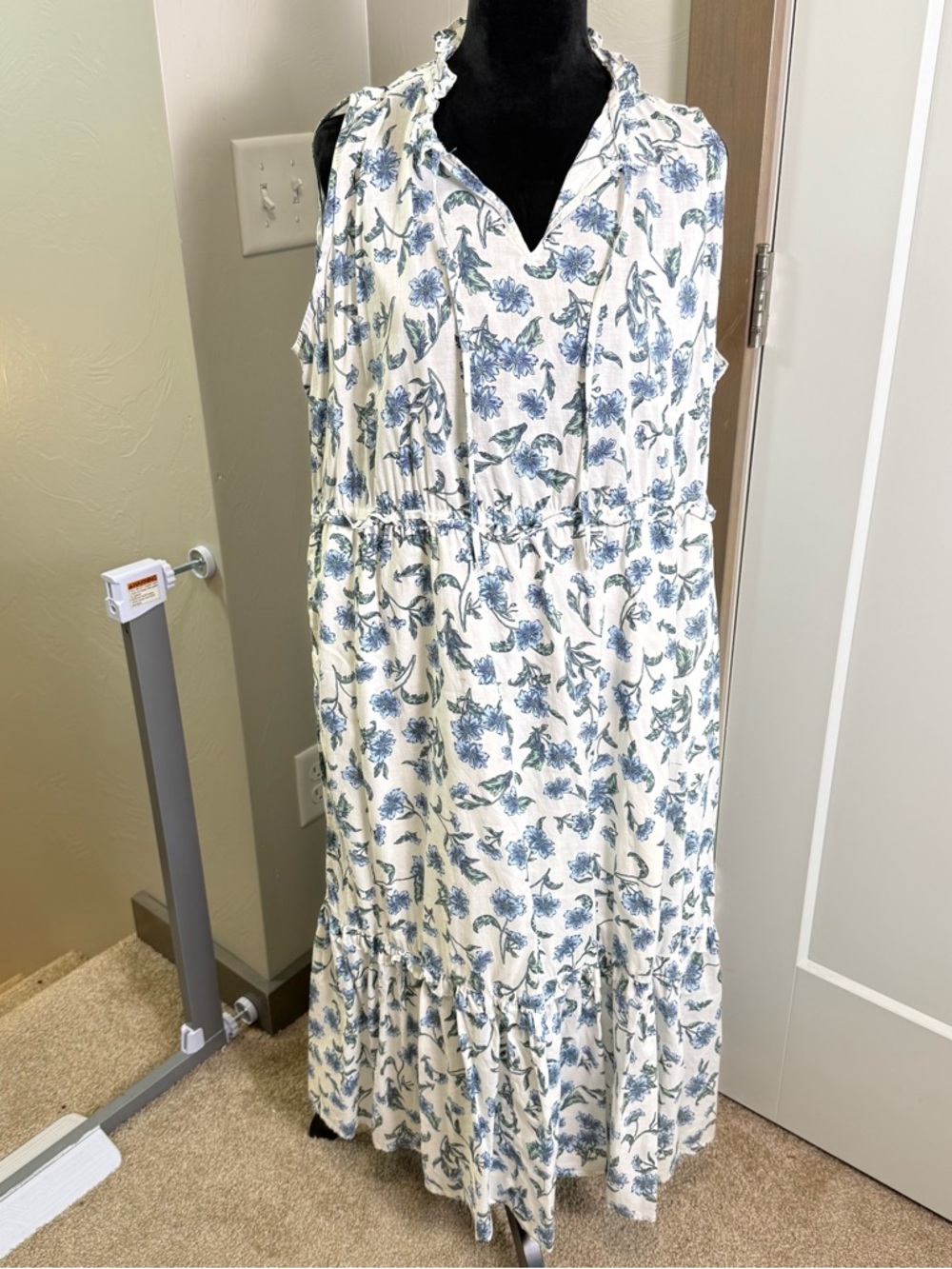 J. Crew 100% Cotton Midi Ruffle Tie Front Blue White Floral Tiered Ruffle Summer
